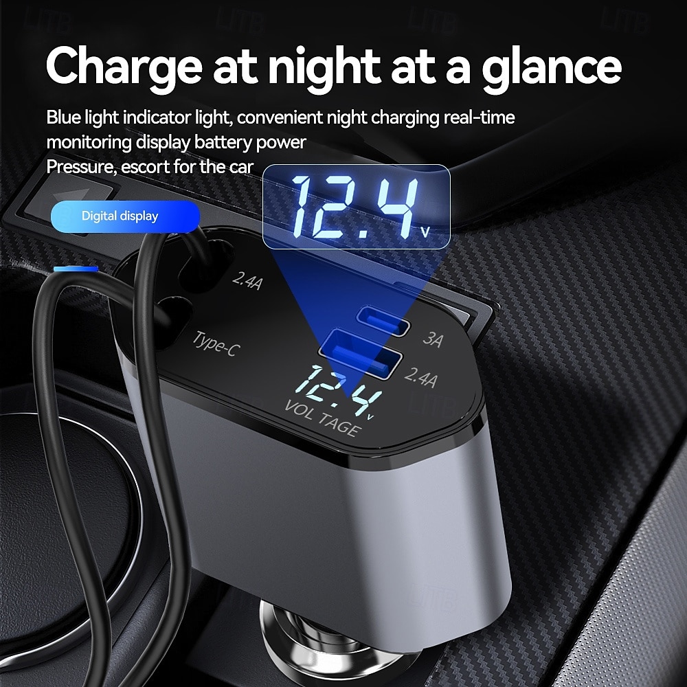 Car Charger 4 in 1 100W Car Charger Dual Retractable Type C Cables and 2 USB Ports Car Charger Compatible 2025 - $26.99 –P4