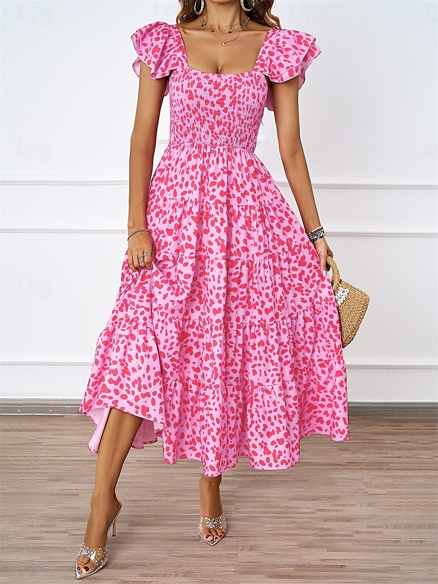 فستان نسائي متوسط الطول برقبة مربعة وأكمام قصيرة للصيف والربيع 2025 - $52.99 –P10