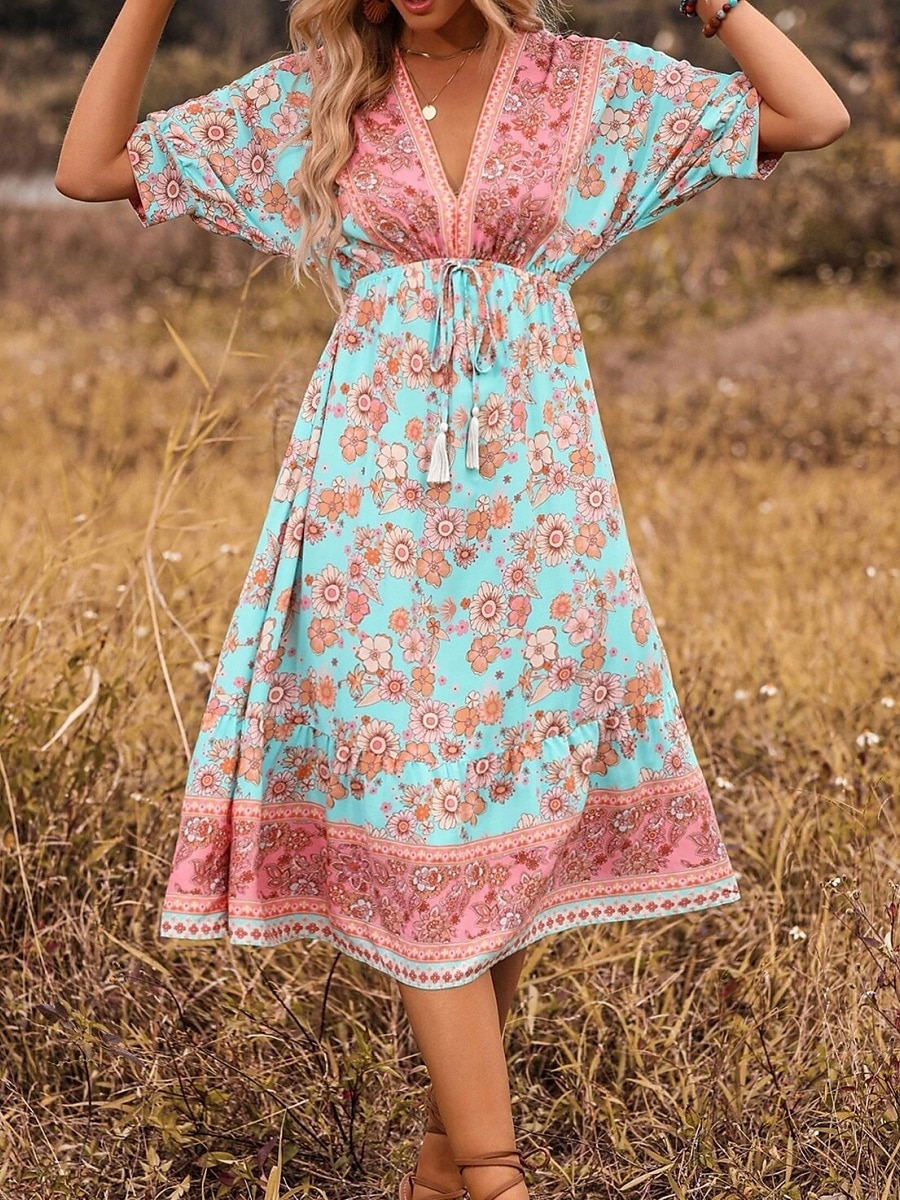 Women's Midi Dress Casual Dress A Line Dress Boho Dress Boho Wedding Guest Dress Ethnic Casual Vacation Daily Regular Fit Floral 3/4 Length Sleeve V Neck Black Navy Blue Light Blue Spring Fall 2025 - $35.99 –P5