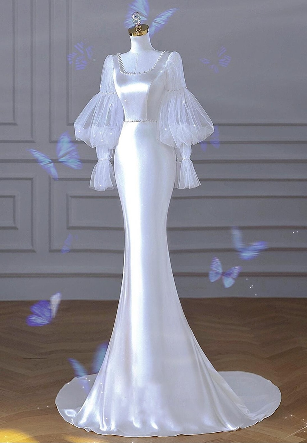 Abiti da Sposa Sirena  Tromba Scollo a Cucchiaio Manica Lunga Coda di Corte in Taffetà Abiti Sposa con Perle del 2025 a $144.99 –P1