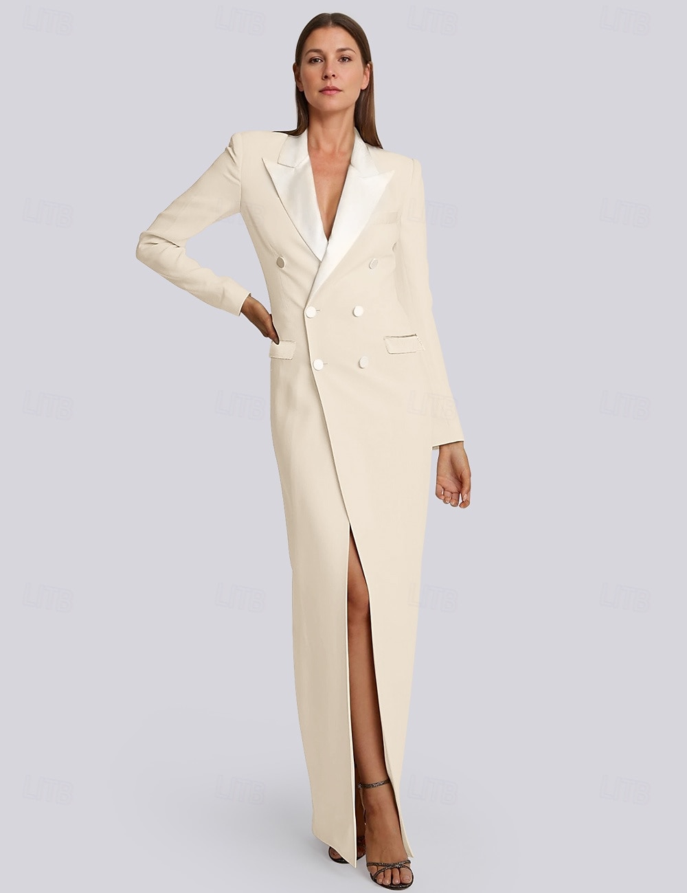 Blazer Dress Mermaid / Trumpet Evening Gown Elegant Dress Pinstripe Tuxedo Dress Zipper Up Wedding Guest Formal Floor Length Long Sleeve Peak lapel collar Satin with Pocket 2025 2025 - $149.99 –P4