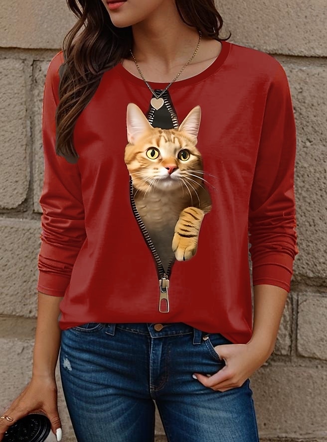 Dame T skjorte Katt Mote Moderne Fritid Langermet Crew-hals Vanlige topper Daglig Helg Trykt mønster Hvit Gul Rød Blå Dusty Blue Høst Vinter 2025 - $22.99 –P1