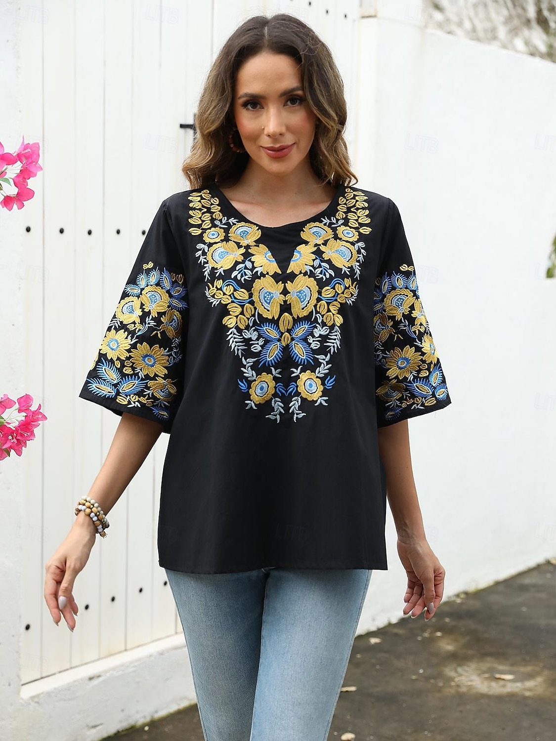 Damen Hemd Feste Farbe Blumen Brautkleider schlicht Boho 3/4 Ärmel Ellbogenlange Ärmel Rundhalsausschnitt Normale Oberteile Urlaub Party Täglich Bestickt Schwarz Herbst Frühling Sommer 2025 - $45.99 –P1