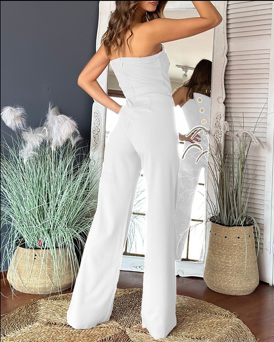 Dames Normaal Jumpsuit Elegant Effen Kleur Mouwloos Breed Been Strapless Knop Dagelijks Normale pasvorm Zwart Wit Rood Zomer 2025 - $36.99 –P2