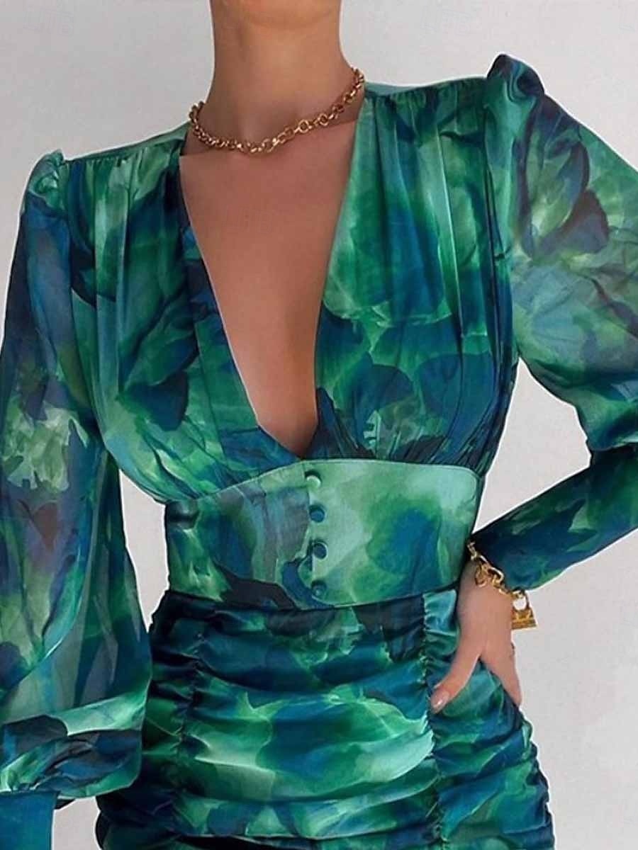 Damskie Sukienka mini Codzienne sukienki Bodycon Elegancki Codzienny Urlop Codzienny Regularny Kwiaty Długi rękaw W serek Zielony Jasnoniebieski Wiosna Jesień 2025 - $51.99 –P2