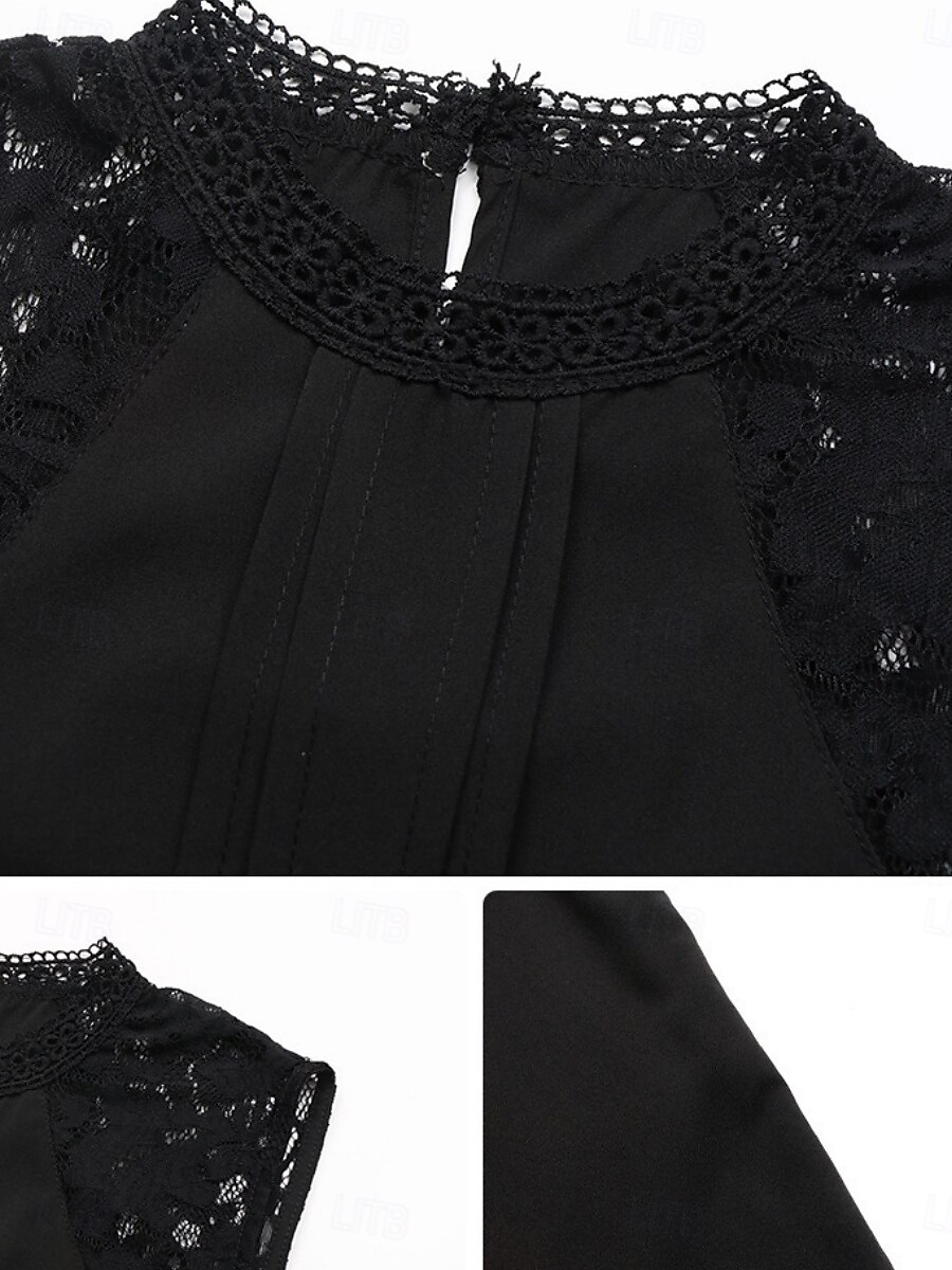 Women's Shirt Blouse Solid Color Basic Casual Long Sleeve Turtleneck Regular Tops Daily Lace Patchwork Black Summer Spring 2025 - $23.99 –P6