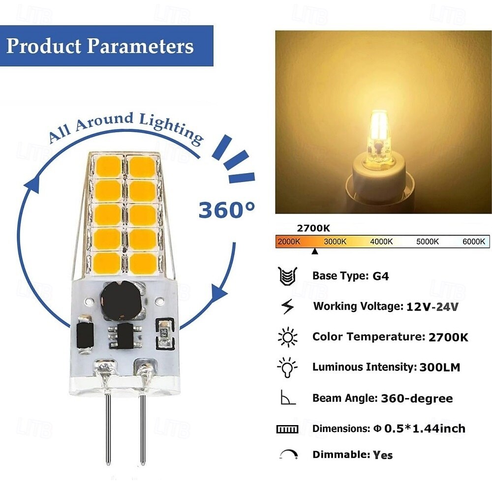 G4 Bi-Pin Base LED Light Bulbs 5W T3 JC Halogen Lamp Equivalent 30W AC/DC 12V 24V Dimmable LED Lights White Warm White for Chandelier Under Cabinet Lighting 10Pcs 2025 - $44.99 –P2