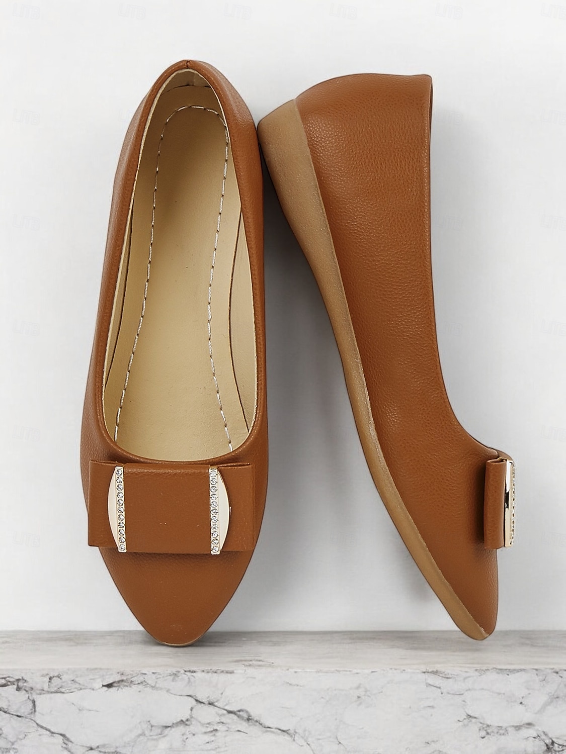 Women's Brown Faux Leather Pointed-Toe Flats with Bow and Rhinestone Detailing - Casual and Office Wear Shoes 2025 - $19.99 –P6