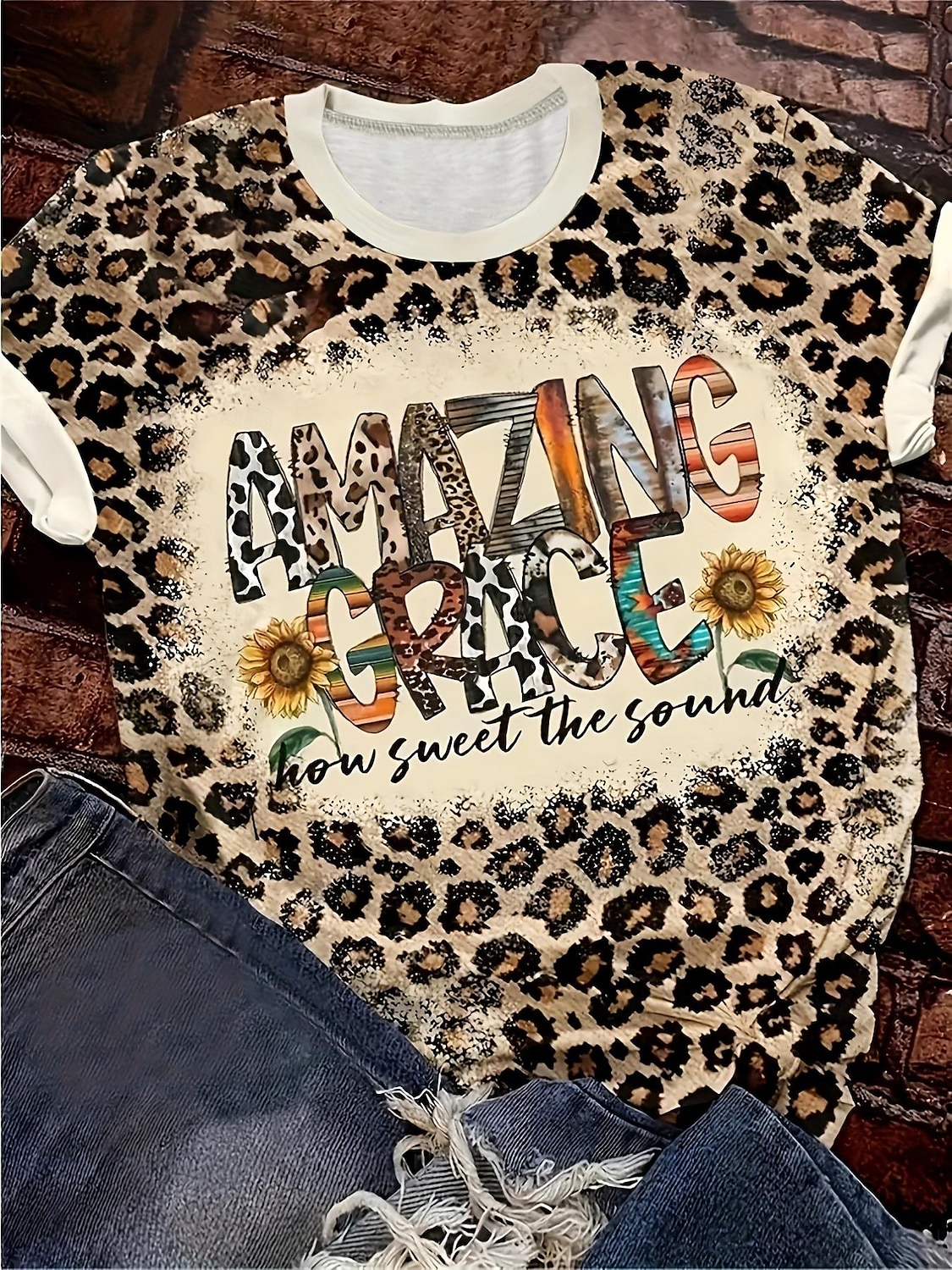 Dam T-shirt Leopard Bokstav Ledigt Kortärmad Rund hals Vanliga toppar Dagligen Mönster Brun Sommar 2025 - $19.99 –P1