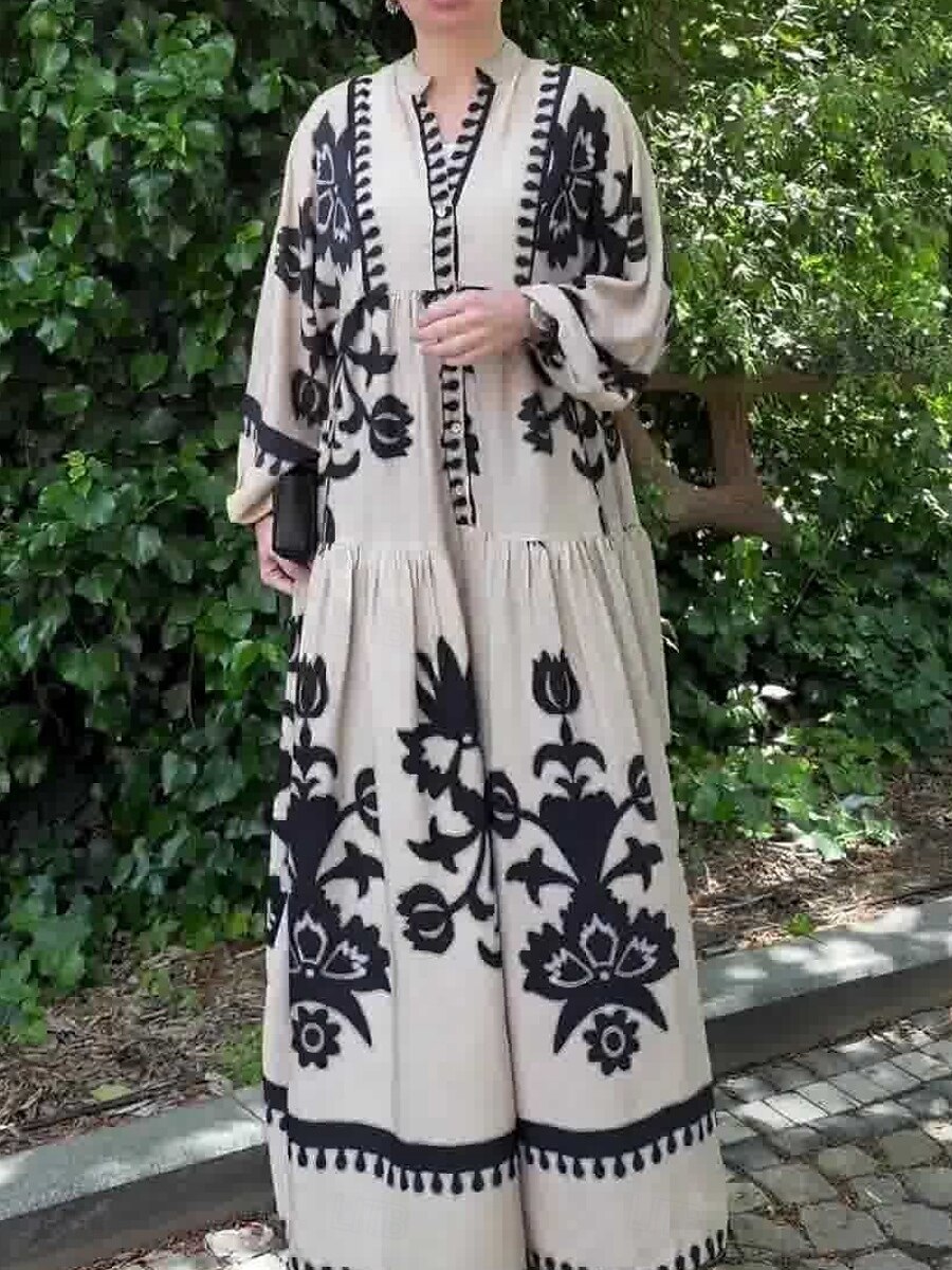 Women's Maxi Dress Casual Dress Swing Dress Boho Dress Vintage Ethnic Casual Vacation Daily Regular Fit Floral Long Sleeve Notched Neck Black White Spring Fall 2025 - $49.99 –P6