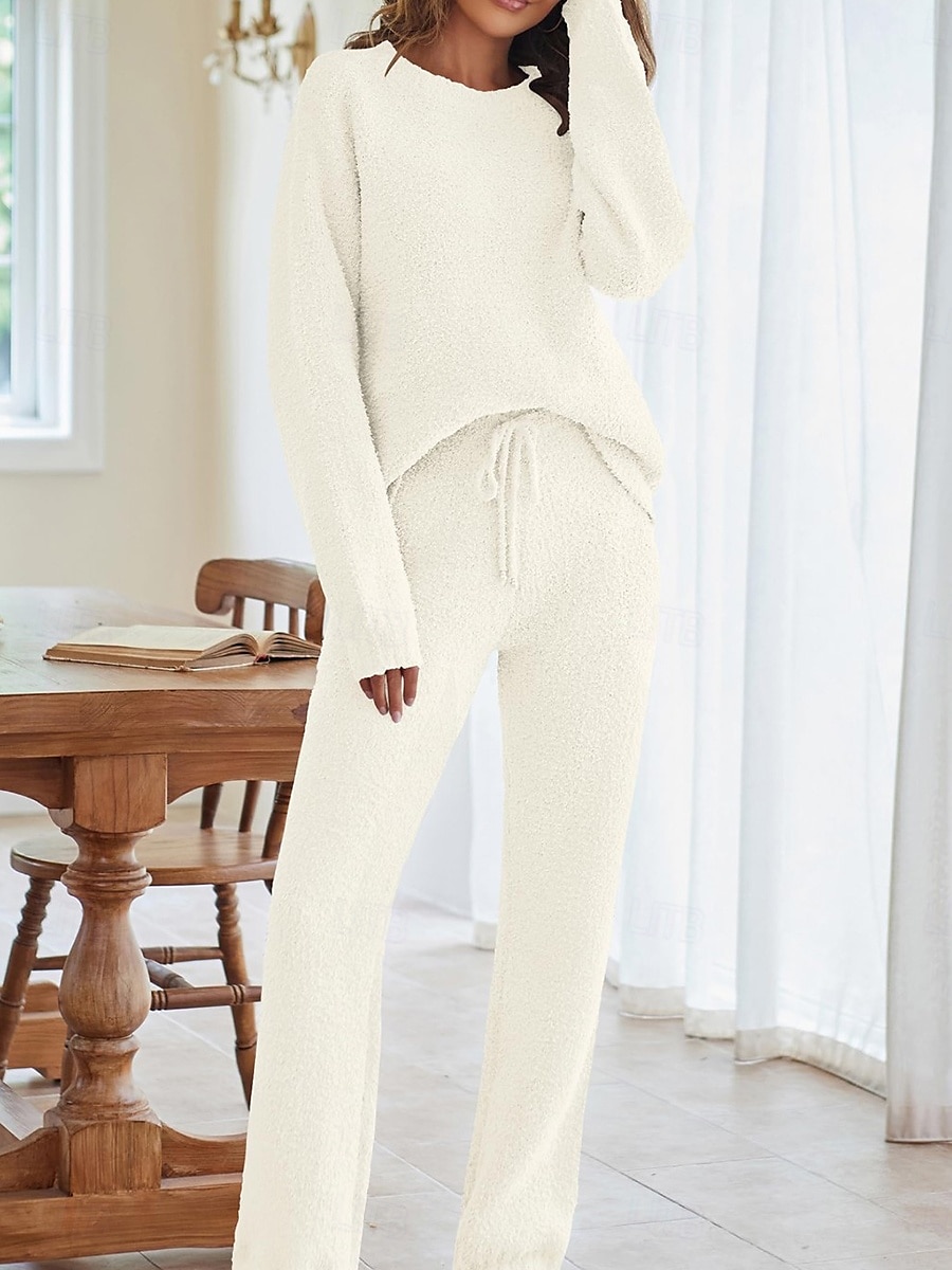 Női Pizsama Meleg Alkalmi Kényelmes Tiszta szín Rugalmas derék Pullover Nadrág Otthon Napi Hosszú ujj Terített nyak Arcpír rózsaszín Medence Bézs Ősz Tél 2025 - $61.99 –P1
