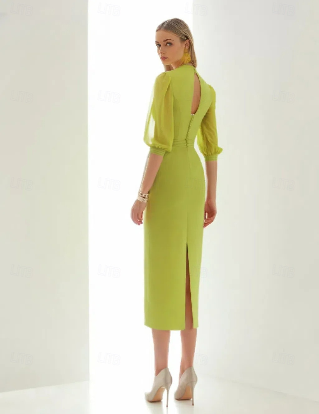 Robe Cocktail Fourreau  Col Mariage Plage Élégante Robe Formelle Mi-Longue Manches Mi-Longues Décolleté en V Poche Chiffon avec Fronces Robes de 2025 ? $143.99 –P2