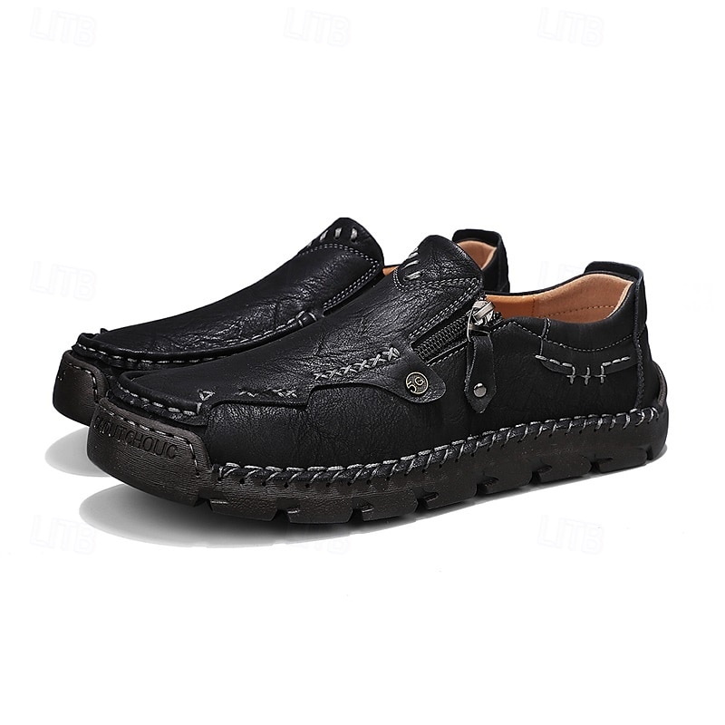 Braune Slipper aus Kunstleder für Herren mit seitlichem Reißverschluss und handgenähten Details – bequeme Freizeitschuhe für die Arbeit, Reisen und den Alltag 2025 - $54.99 –P4