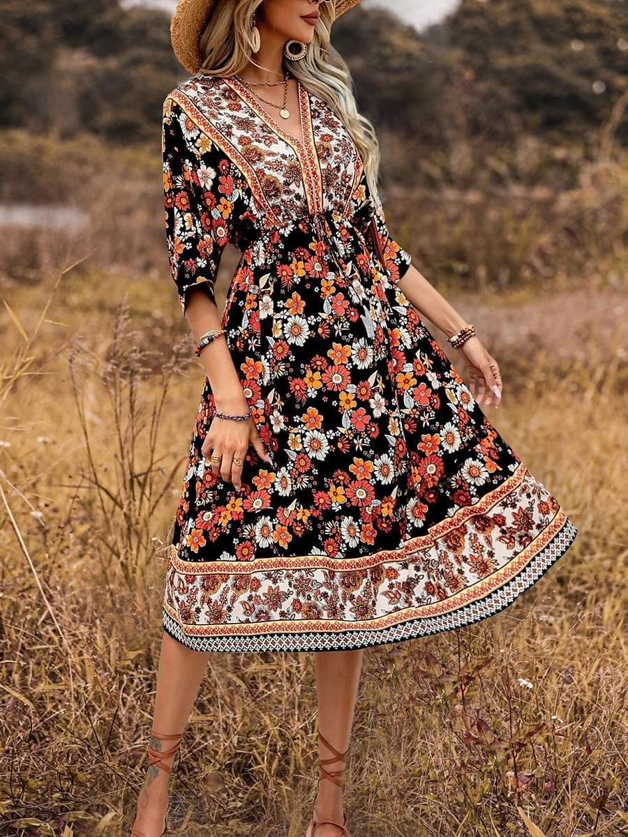 Women's Midi Dress Casual Dress A Line Dress Boho Dress Boho Wedding Guest Dress Ethnic Casual Vacation Daily Regular Fit Floral 3/4 Length Sleeve V Neck Black Navy Blue Light Blue Spring Fall 2025 - $35.99 –P8