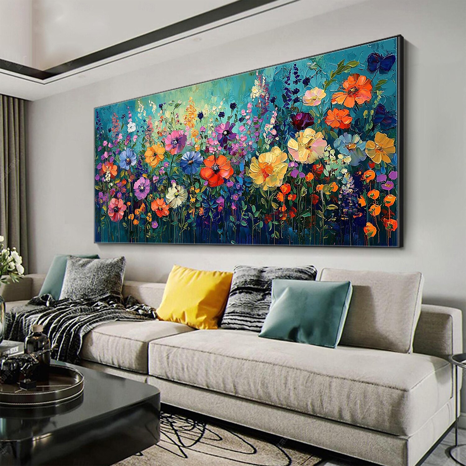 Peinture à l'huile originale faite à la main de fleurs colorées sur toile, peinture abstraite de groupe de fleurs à texture, art mural pour la décoration intérieure avec cadre tendu/sans cadre de 2025 ? $166.99 –P6