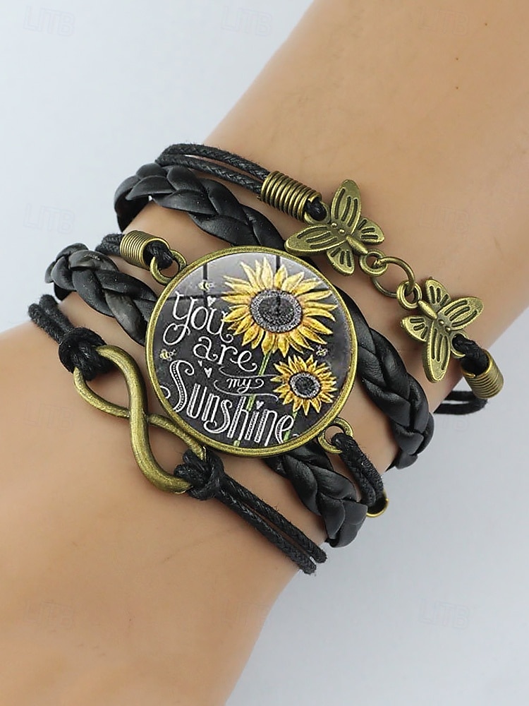Bracelet en similicuir avec breloque tournesol et motif tressé et citation inspirante – bijoux de style bohème pour femmes, parfaits pour les cadeaux et les tenues décontractées de 2025 ? $7.99 –P7