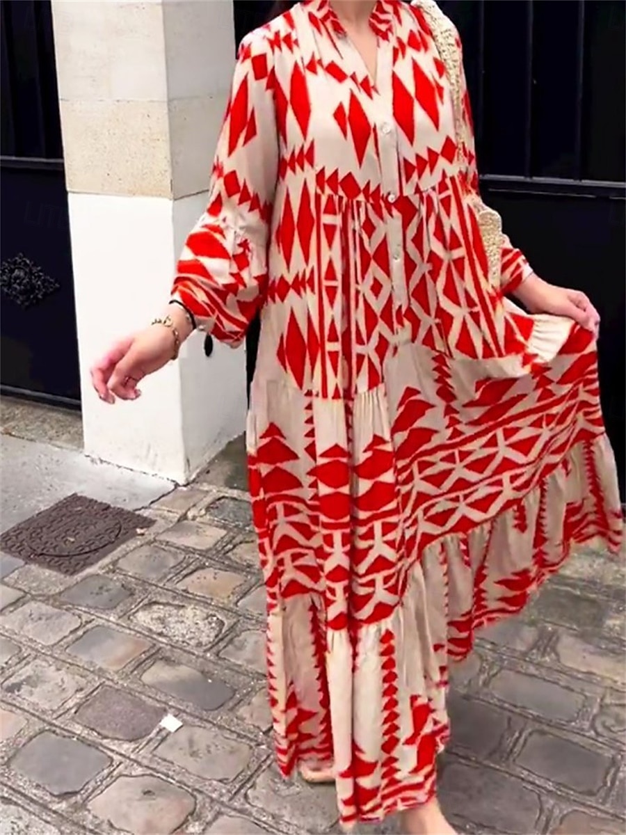 Női Maxiruha hétköznapi ruha Boho elegáns ruhák Csehország aranyos stílus Stílusos Vakáció Napi Tengerpart Laza öltözet Grafika Rövid ujjú V-alakú Fekete Rubin Medence Nyár Tavasz Ősz 2025 - $41.99 –P4