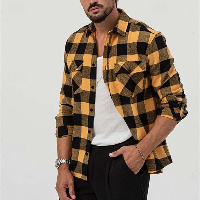 Men's Shirt Summer Shirt Casual Shirt Beach Shirt Button Up Shirt Overshirt Yellow Blue Long Sleeve Plaid Lapel Vacation Hawaiian Button-Down Clothing Apparel Fashion Casual Comfortable 2025 - $25.99 –P5