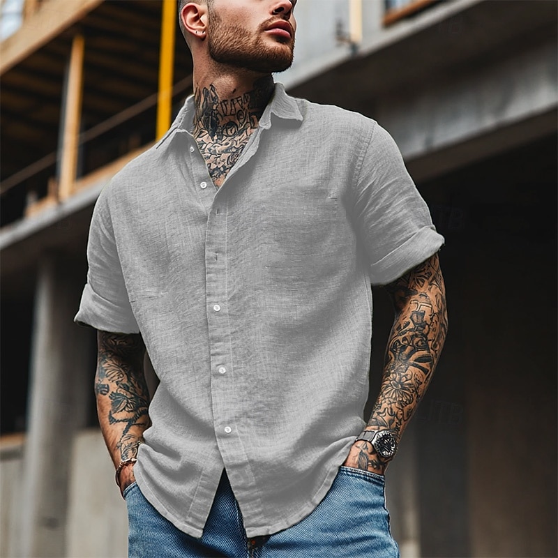 Cotone e lino Classico Per uomo Camicia camicia di lino Camicia estiva Camicia da spiaggia Camicia con bottoni Nero Bianco Blu Manica corta Liscio Collo ripiegabile Estate Da mare Per eventi del 2025 a $25.99 –P7