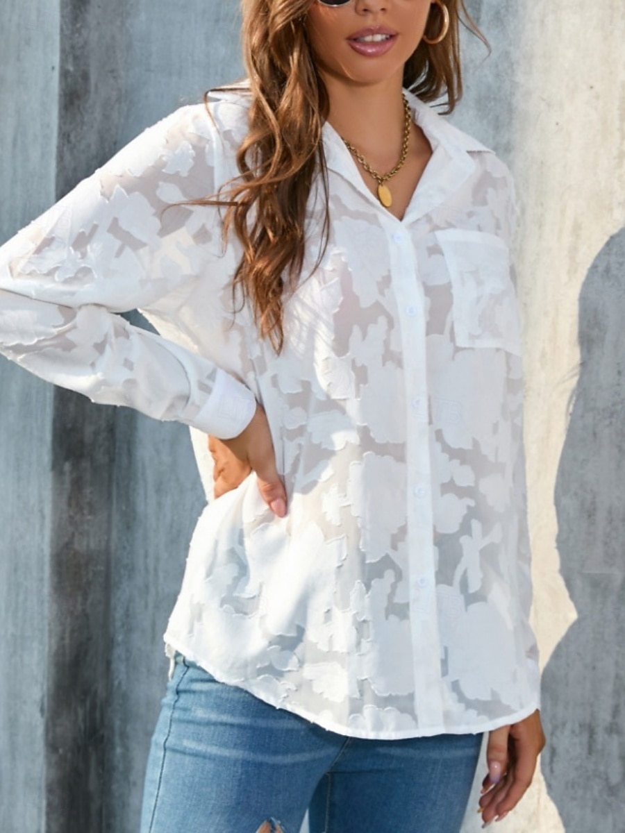 Kvinners hvite elegante blonde topper øyelet bluse uformell ensfarget vanlig topper lang erm skjortekrage knapper lomme vanlig passform daglig romantiske petite topper sommerferie slitasje hvit gul 2025 - $21.99 –P5