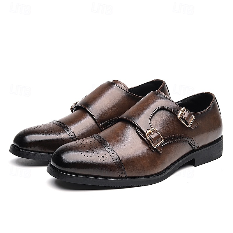 Men's Brown Faux Leather Double Monk Strap Dress Shoes with Brogue Detailing, Classic Style for Wedding, Formal and Business Wear 2025 - $54.99 –P1