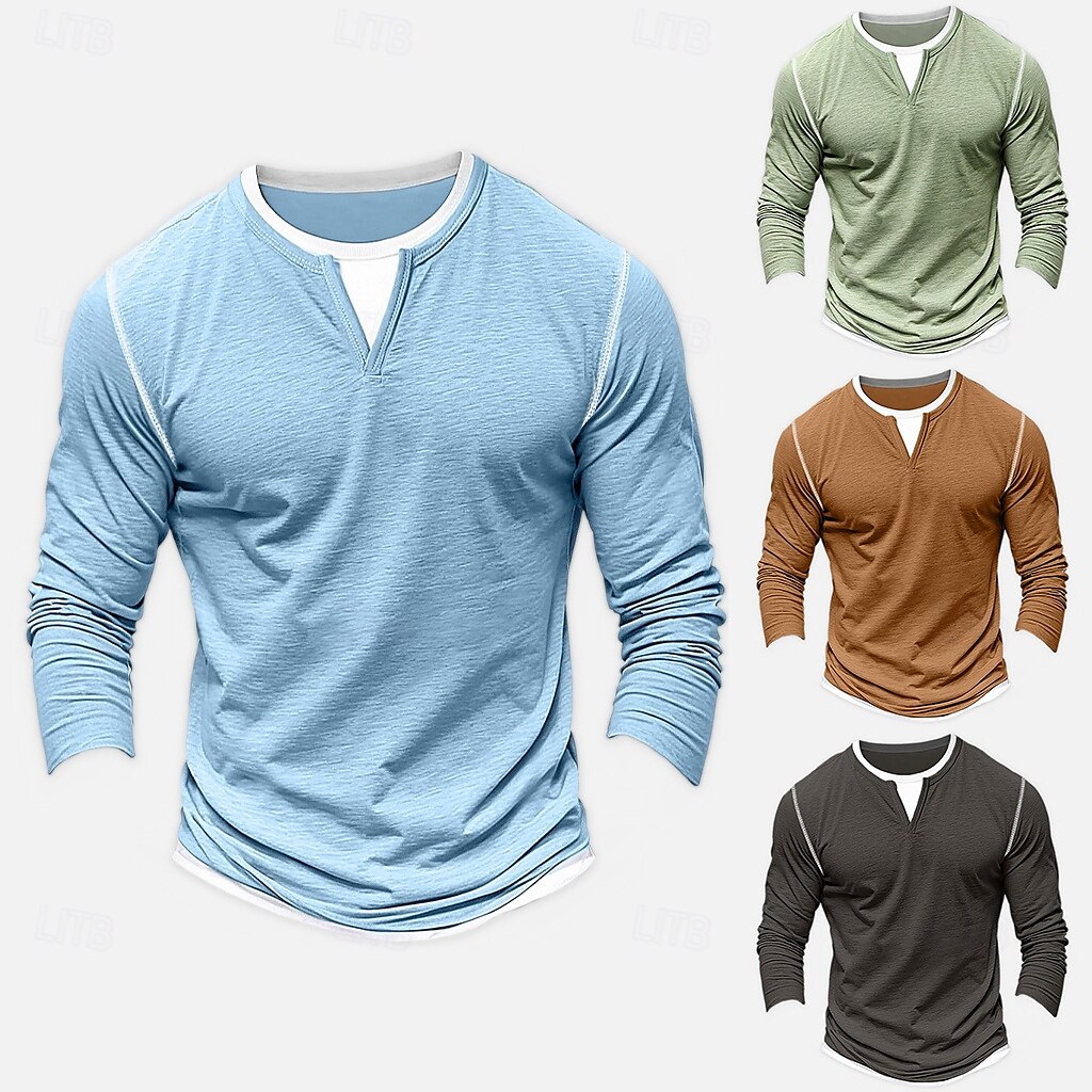 Herr Skjorta T-shirt med V-ringad Långärmad tröja Bambu-t-shirt Långärmad V-hals Vår & Höst Ensfärgat Lappverk Dagligen Ledigt Gatustil falska två stycken Utomhus Gata Casual Ljusblå Ljusgrön Mörkgrå 2025 - $25.99 –P1