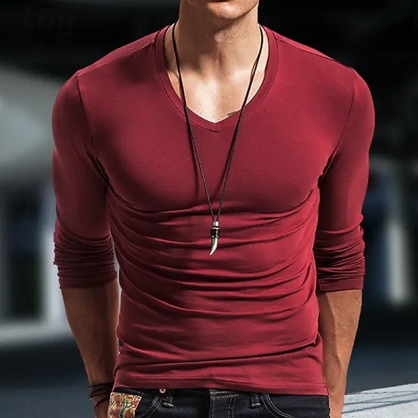 Herren T-Shirt Langarmshirt Langarm V Ausschnitt Frühling & Herbst Einfach Mode Designer Sexy Urlaub Straße Ausgehen Schwarz Weiß Wein Top T-Shirt für Herren 2025 - $15.49 –P4