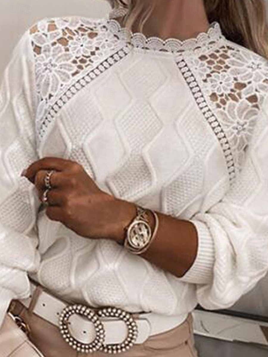 Women's Lace Splicing Top Plain Fashion Modern Casual Long Sleeve Turtleneck Regular Tops Daily Weekend Lace Patchwork White Blue Spring Fall 2025 - $41.99 –P4