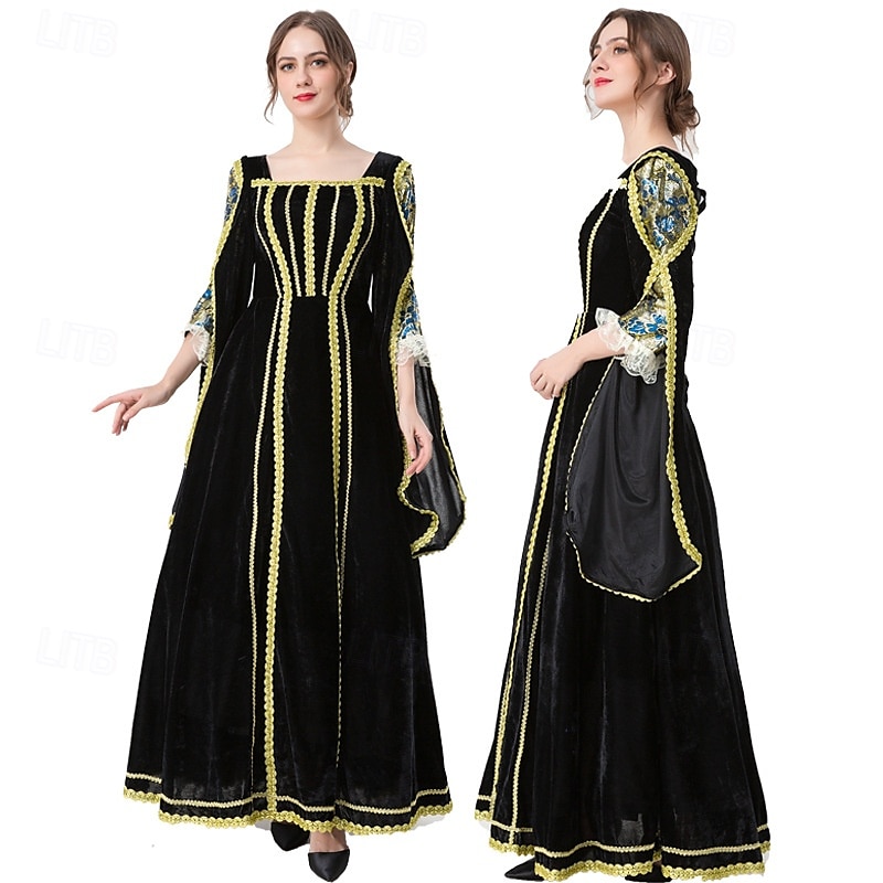 Mittelalterlich Renaissance Vintage-Kleid Maxi Kleid Glockenärmel Königin Wikinger Einfarbig Quadrathals Kostüm Damen königlich Halloween Karneval Maskerade Abschlussball Festival Erwachsene Kleid 2026 - $60.99 –P1