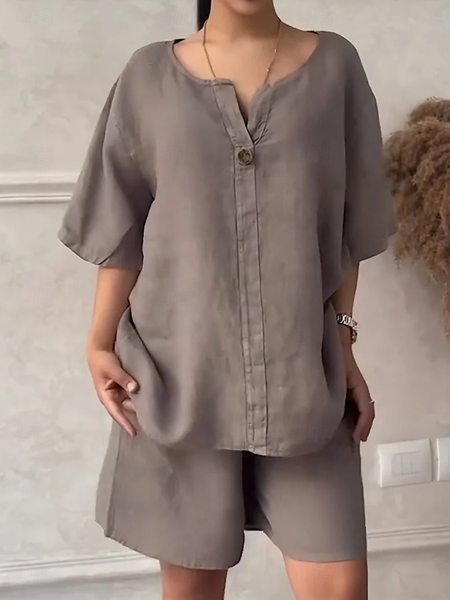 Women's Fashion Streetwear Shirt Linen-Inspired Sets Two Piece Sets Baggy Shorts Short Sleeve Crew Neck Solid Color Patchwork Formal Party Work Red Royal Blue Khaki Spring Loose Fit 2025 - $33.99 –P3