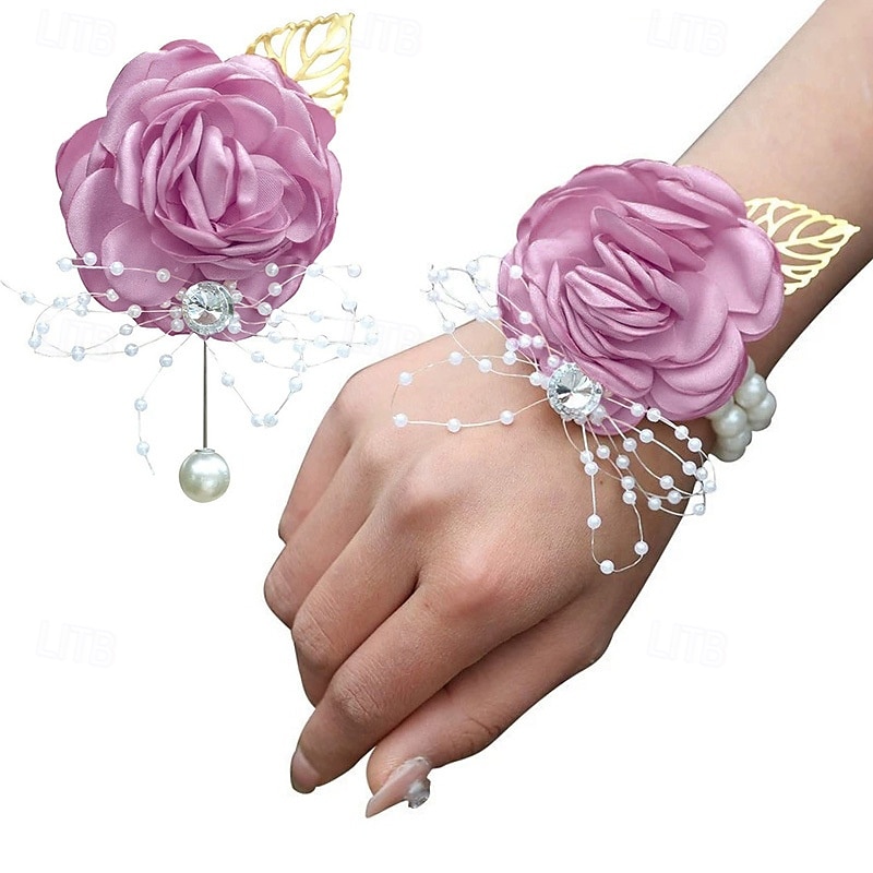 Pachet de 2 set de butoniere pentru încheietura mâinii, trandafir artificial, floare de mătase lucrată manual, pentru flori de nuntă, accesorii, decor costum de bal 2025 - $7.99 –P7