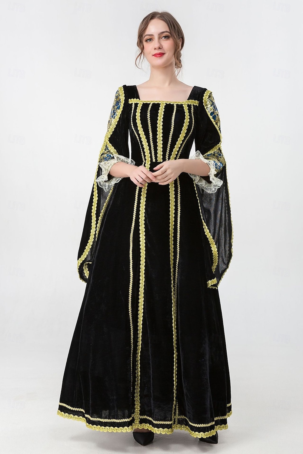 Mittelalterlich Renaissance Vintage-Kleid Maxi Kleid Glockenärmel Königin Wikinger Einfarbig Quadrathals Kostüm Damen königlich Halloween Karneval Maskerade Abschlussball Festival Erwachsene Kleid 2026 - $60.99 –P5