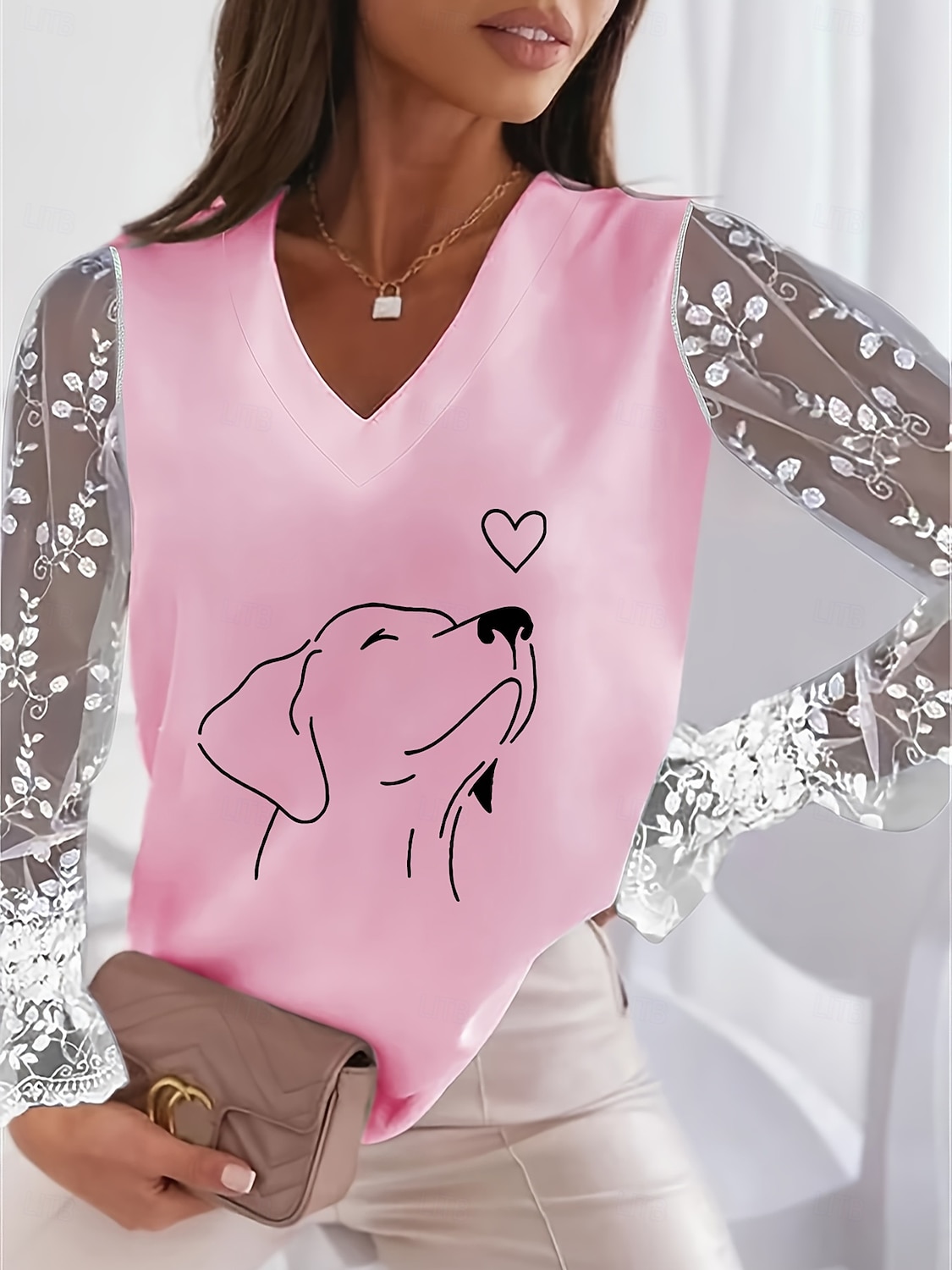 női valentin szív póló csipke toldás felső elegáns divat aranyos szív grafika normál felsők hosszú ujjú lámpás ujjú nyak csipke patchwork rendes fit party valentin nap 2025 - $21.99 –P8