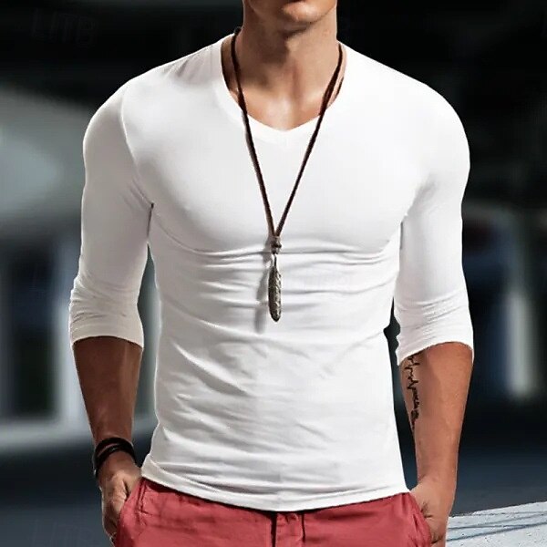 Herren T-Shirt Langarmshirt Langarm V Ausschnitt Frühling & Herbst Einfach Mode Designer Sexy Urlaub Straße Ausgehen Schwarz Weiß Wein Top T-Shirt für Herren 2025 - $15.49 –P1