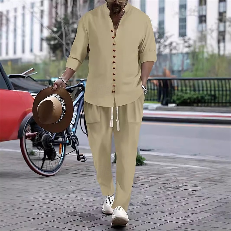 Per uomo 2 pezzi Completo di camicia Set abbinati Maglietta informale Camicia con bottoni Bianco Rosa Kaki Grigio Manica lunga Liscio A fascia Da mare Strada Abbigliamento Di tendenza Informale del 2025 a $39.99 –P6