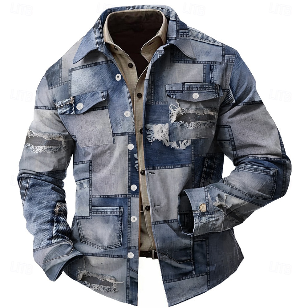Homme Géométrique Mosaïque Chemise décontractée Chemise boutonnée manche longue Abstrait Mode Décontractée Casual Automne Hiver Col rabattu 2 poches Bleu de minuit de 2025 ? $40.99 –P1