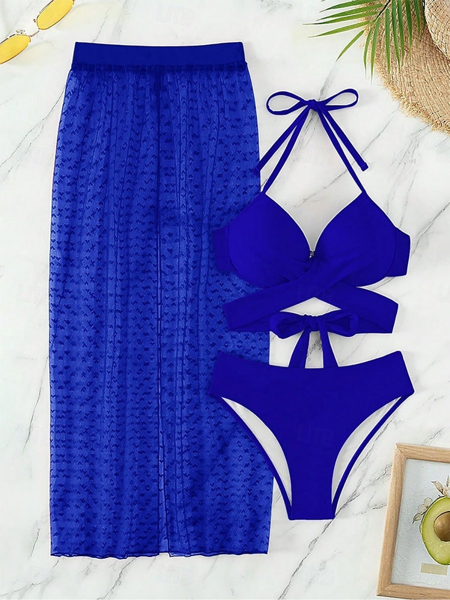 Damen Badeanzug Bikinis Drei Stück Rock Bademode Rückenfrei Schlank Urlaub Strandbekleidung Feste Farbe Halfterhals Ärmellos Badeanzüge 2025 - $31.99 –P3