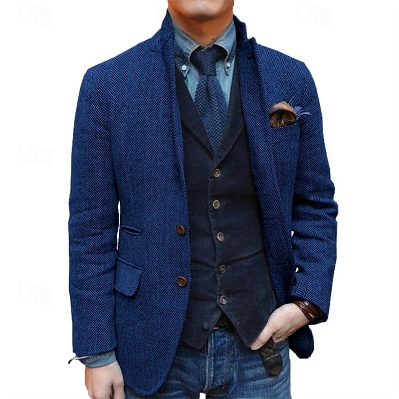 Blazer de tweed retro vintage para hombre, blazer de espiga, chaqueta deportiva, talla grande, botonadura sencilla, dos botones, negro, champán, burdeos, azul 2025 - $95.99 –P5