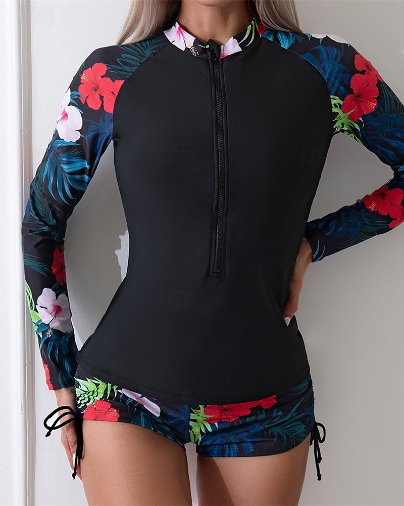 Naisten Rashguard-uimapuku Kevyt Pitkähihainen Uima-asut Uimapuku 2-osainen Etuvetoketju Uinti Lainelautailu Hiekkaranta Vesiurheilu Kukat Tilkkutäkki Painettu Kesä Kevät Syksy 2025 - $26.99 –P14
