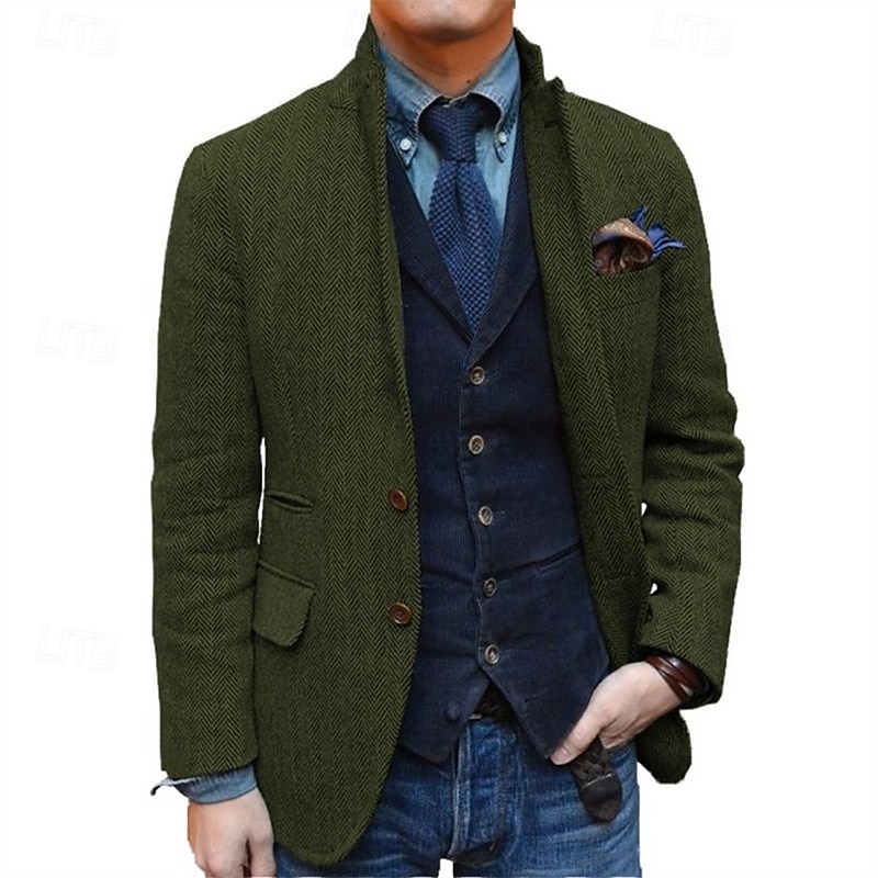 Blazer de tweed retro vintage para hombre, blazer de espiga, chaqueta deportiva, talla grande, botonadura sencilla, dos botones, negro, champán, burdeos, azul 2025 - $95.99 –P2