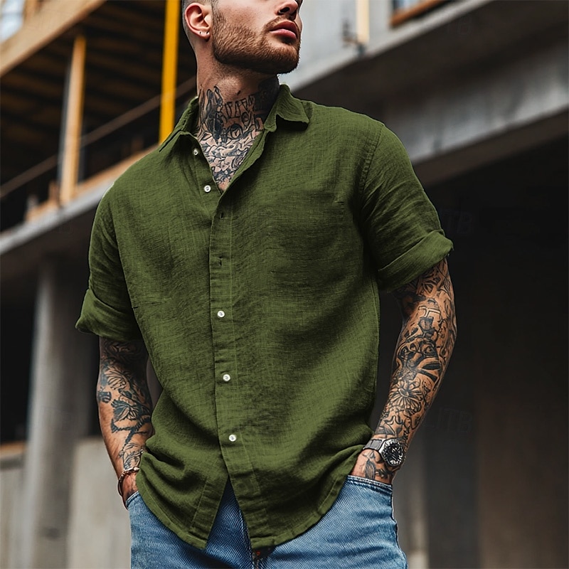 Cotone e lino Classico Per uomo Camicia camicia di lino Camicia estiva Camicia da spiaggia Camicia con bottoni Nero Bianco Blu Manica corta Liscio Collo ripiegabile Estate Da mare Per eventi del 2025 a $25.99 –P4