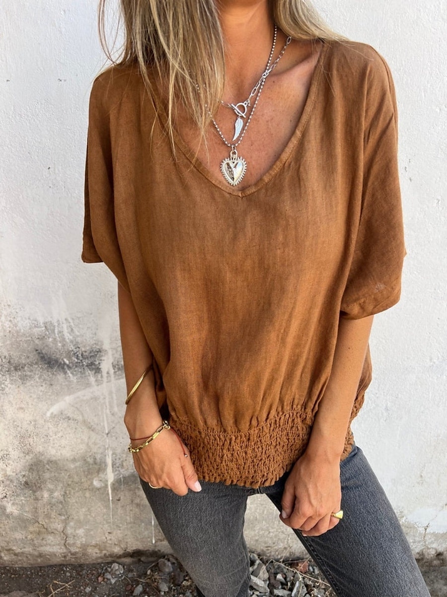 Dame Skjorte Bluse Skjorter i bomullslin Helfarge Grunnleggende Fritid Kortermet V-hals Vanlige topper Daglig Rynket Hvit Brun Beige Sommer Vår 2025 - $26.99 –P5