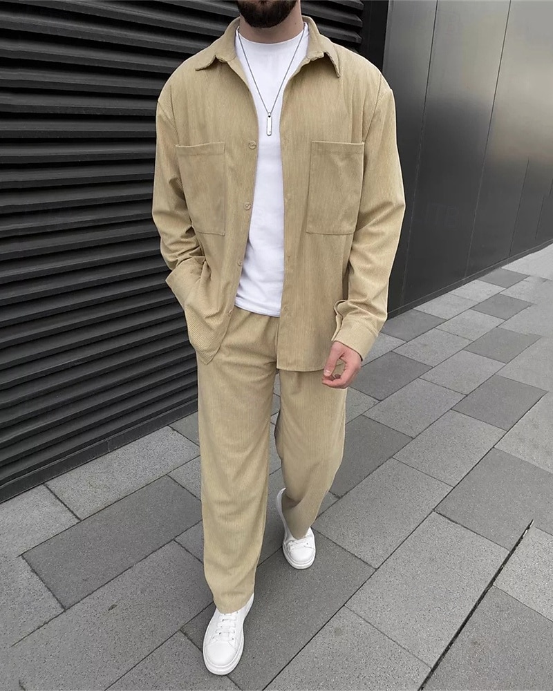 Voor heren Lichtgewicht jack Zomer jas Overhemdjack Corduroyjack Vakantie Dagelijks Slijtvast Zak 2-stuks Herfst winter Effen Modieus Klassiek Revers Normaal Zwart Hemelsblauw Donkergroen Khaki Koffie 2026 - $47.99 –P1