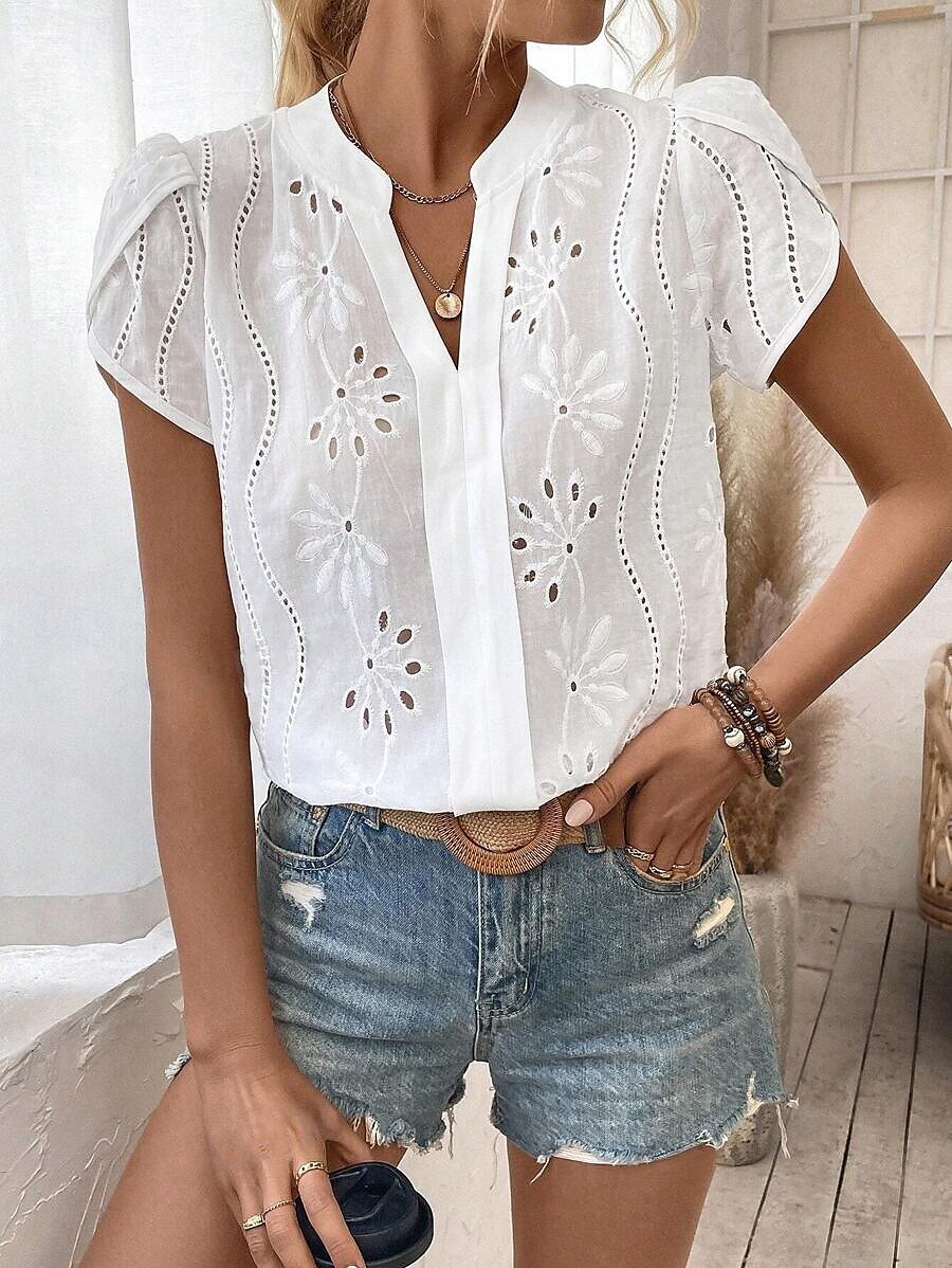Dame Skjorte Bluse Helfarge Daglig Stilfull Fritid Kortermet V-hals Vanlige topper Arbeid Daglig Ut på byen Broderi Hvit Sommer Vår 2025 - $32.99 –P2