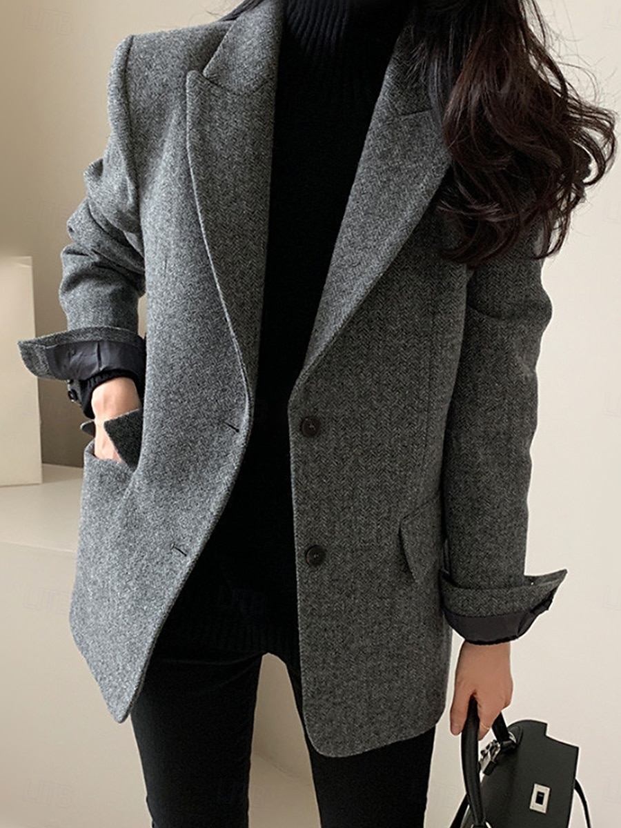 Damen Blazer Sakko warm halten Atmungsaktiv Patchwork Tasche OL-Stil Modern Feste Farbe Büro / Geschäftlich Ausgehen Standard Umlegekragen Regular Fit Langarm Oberbekleidung Braun Grau Herbst Winter 2025 - $41.99 –P1