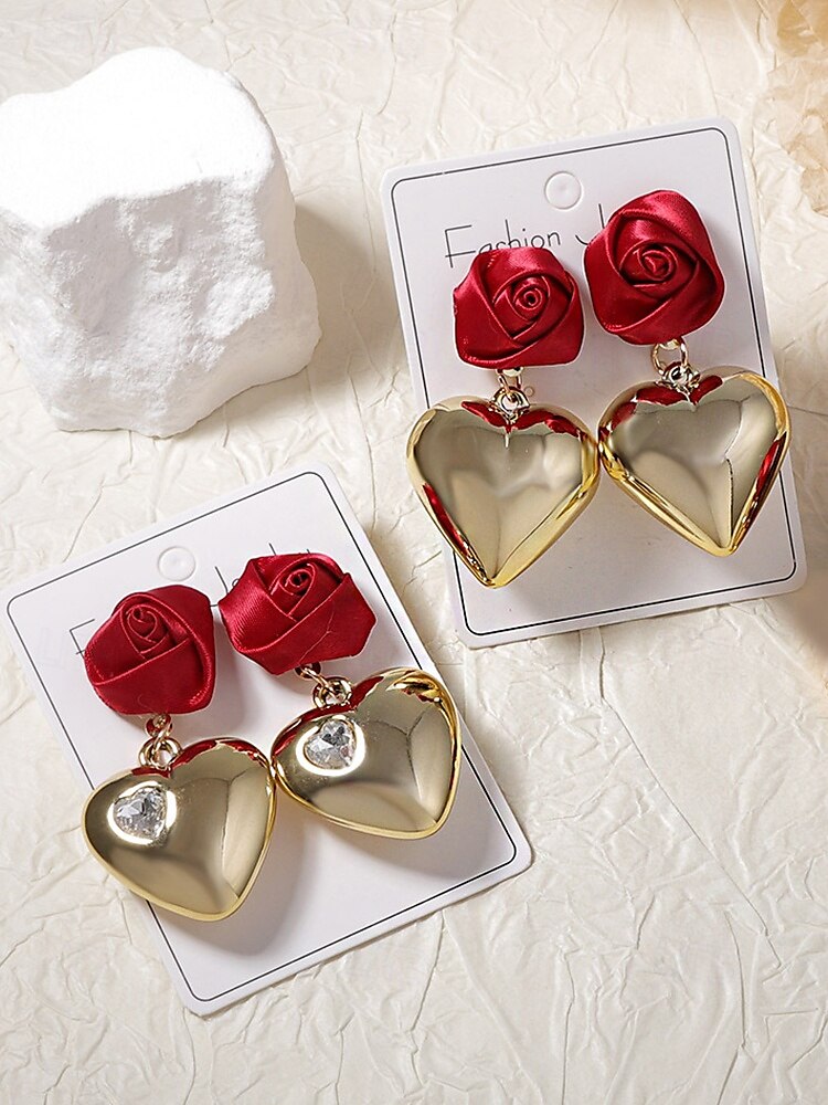 brincos femininos românticos de rosa e coração, flor de cetim vermelho com design de coração dourado, joias de destaque para casamentos, presentes de dia dos namorados e ocasiões especiais de 2025 por $7.99 –P3