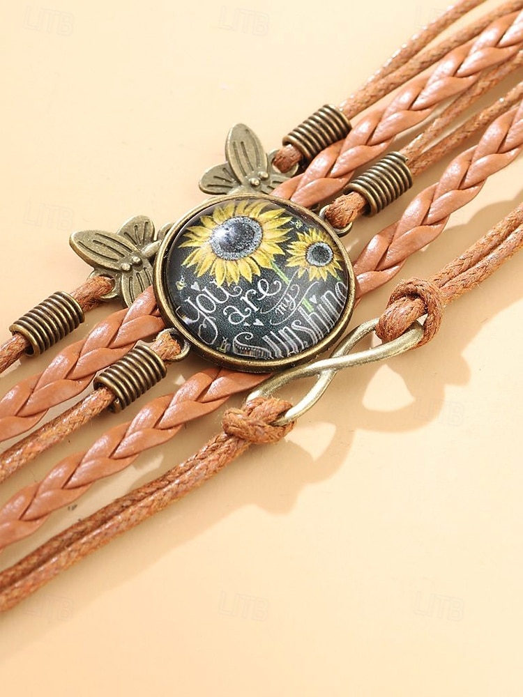 Bracelet en similicuir avec breloque tournesol et motif tressé et citation inspirante – bijoux de style bohème pour femmes, parfaits pour les cadeaux et les tenues décontractées de 2025 ? $7.99 –P3