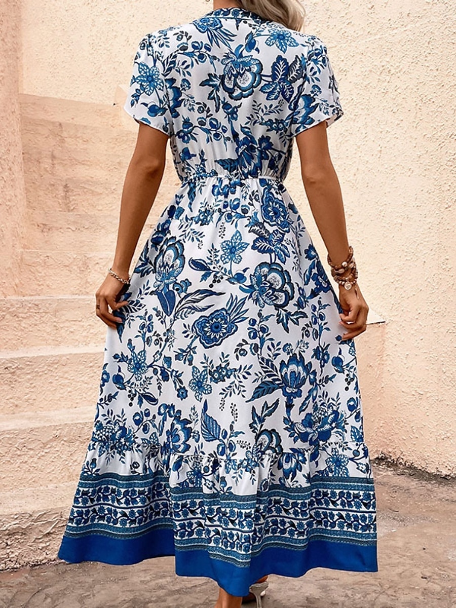 Damen Maxidress Casual kleid Schaukelkleid A Linie Kleid Boho-Kleid Brautkleider schlicht Täglich Regular Fit Blumen Halbe Ärmel V Ausschnitt Blau Sommer Frühling 2025 - $35.99 –P9