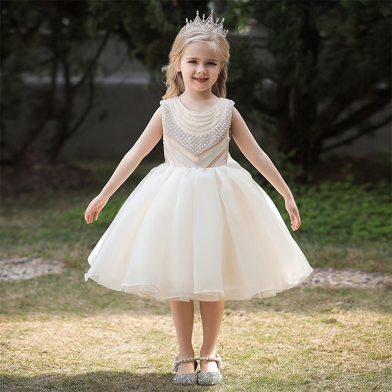 Robe de Demoiselle d'Honneur Fille enfants Fille Robe de princesse Utilisation Mariage Soirée Elégant Magnifique Maille Couleur unie Sans Manches Col Ras du Cou Blanche Champagne 4 ans et + de 2025 ? $38.99 –P9