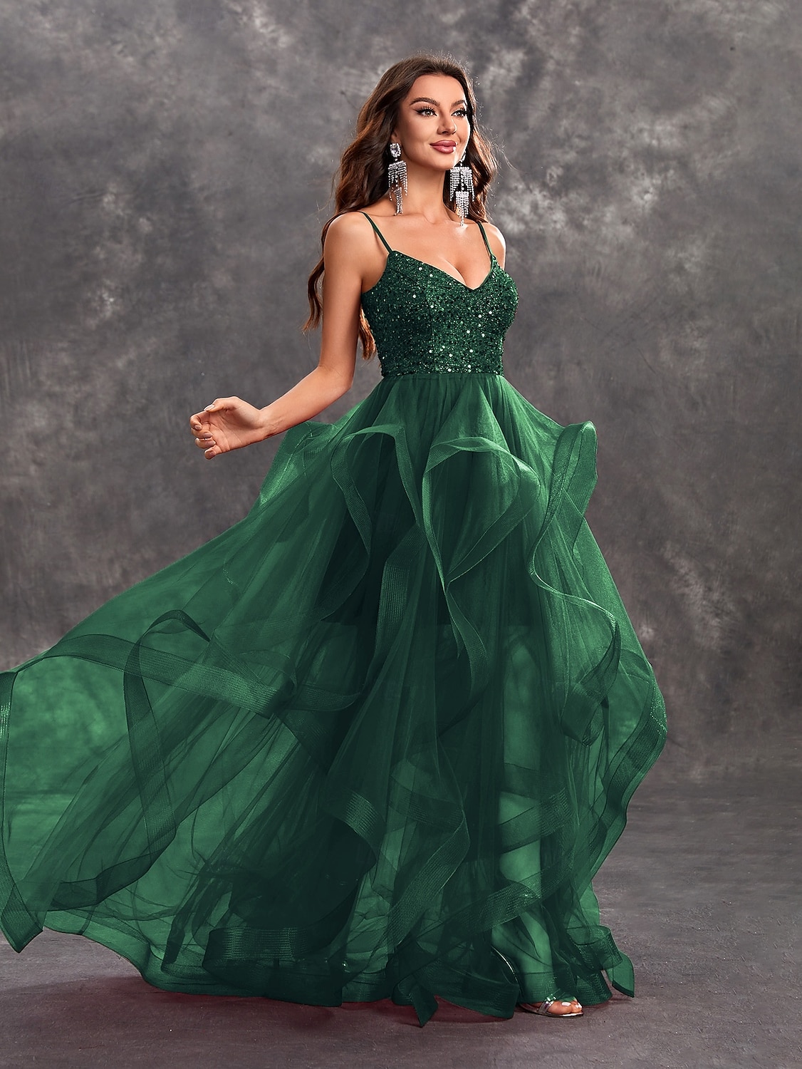Prom Klänningar A-linje Elegant Klänning Glitter Tyll Formell Bröllopsgäst Golvlängd Ärmlös V-ringad 2024 2025 - $173.99 –P2